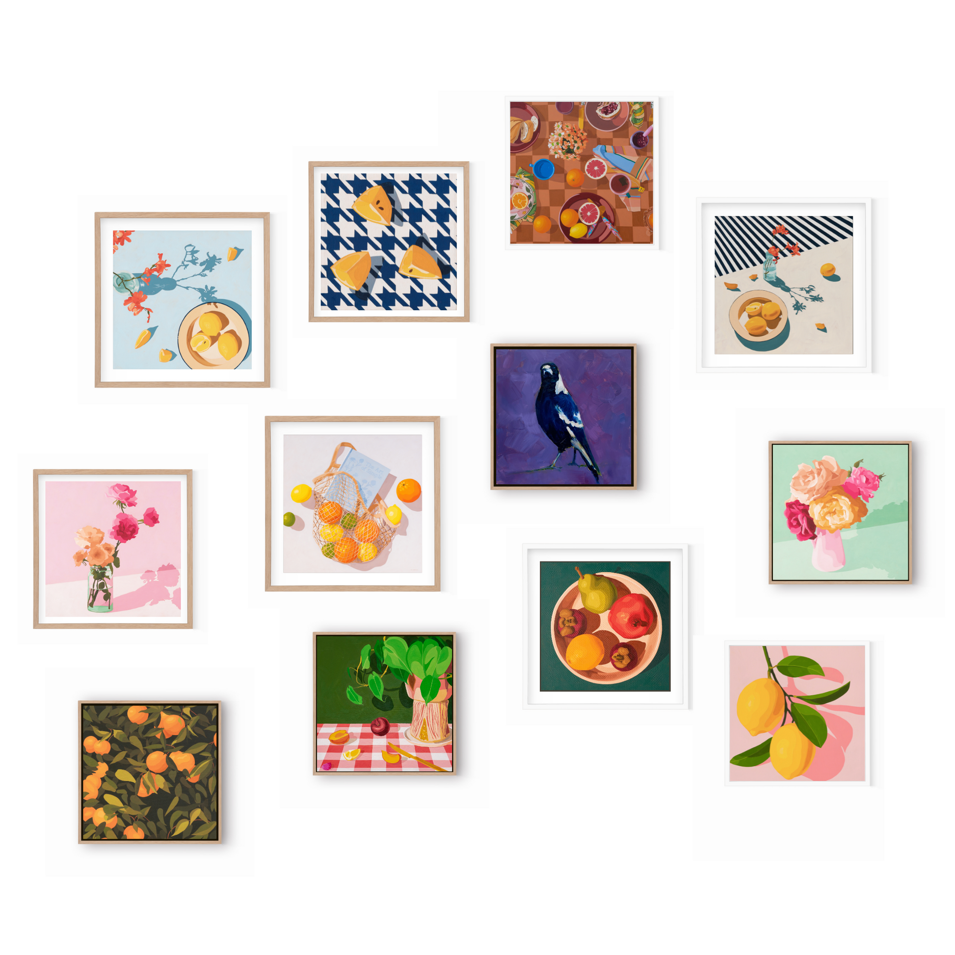 colorful stationery art calendar for your walls based on original still life vibrant, bright and fresh oil paintings by australian emerging artist yani lenehan. The image shows all 12 months artworks framed as prints and hanging on a gallery wall