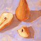 closeup of an original oil painting of three deep yellow orange beurre Bosc pears on a textured lilac background