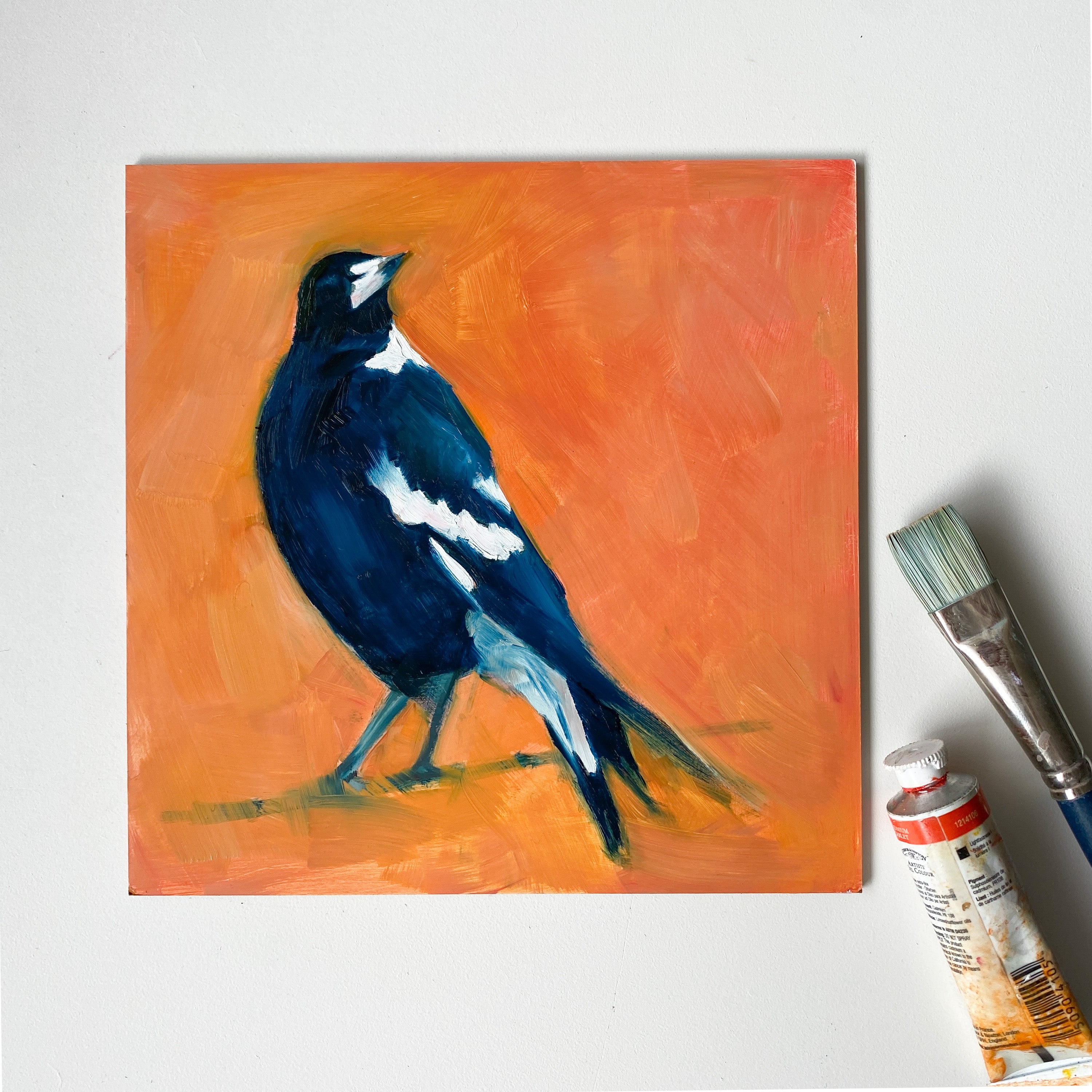 Magpie chattering magpie with shops necklace. Original acrylic painting.