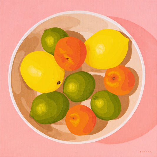 contemporary modern original oil painting of colourful lemons, mandarines and lime fruits in a bowl on a soft pink background