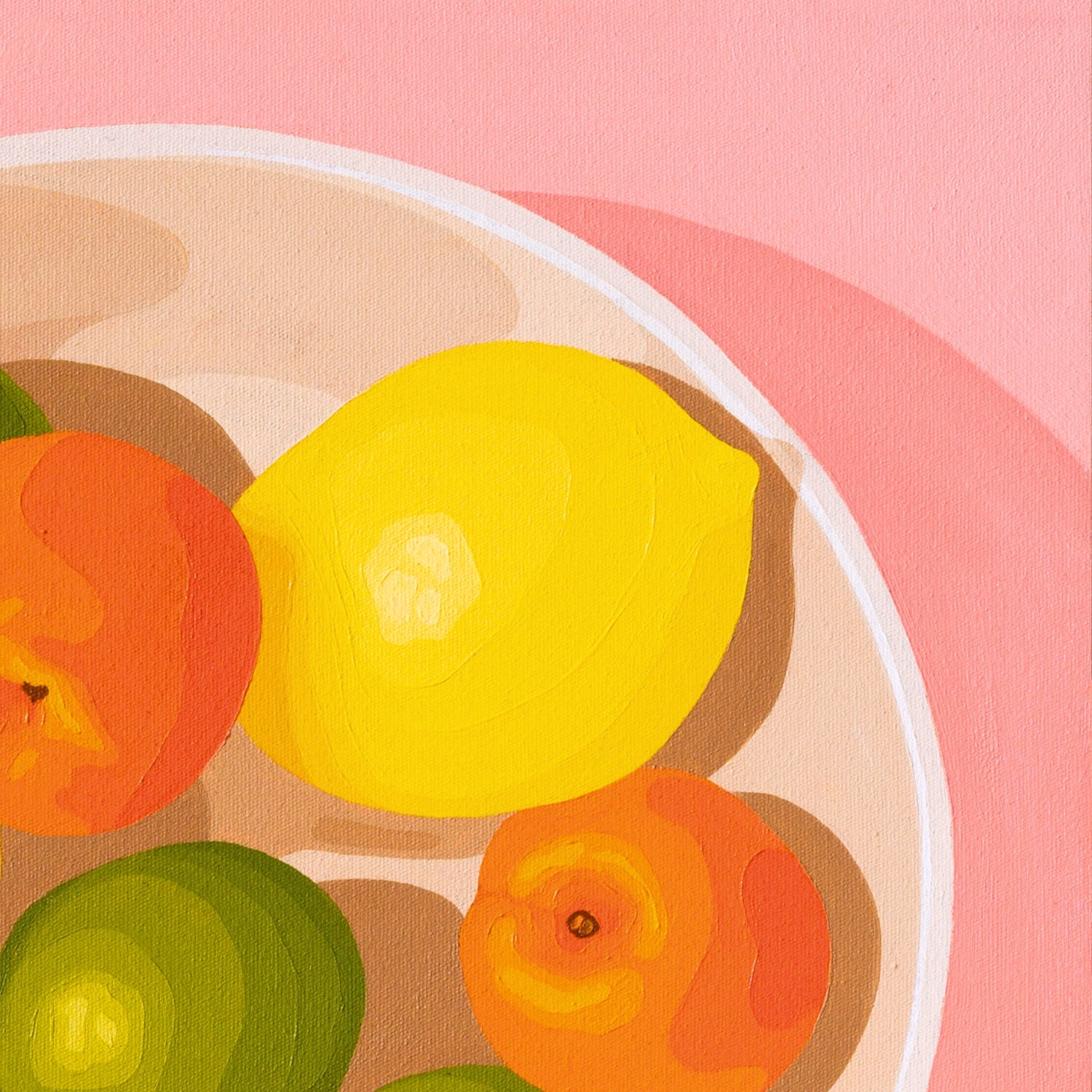 contemporary modern original oil painting of colourful lemons, mandarines and lime fruits in a bowl on a soft pink background