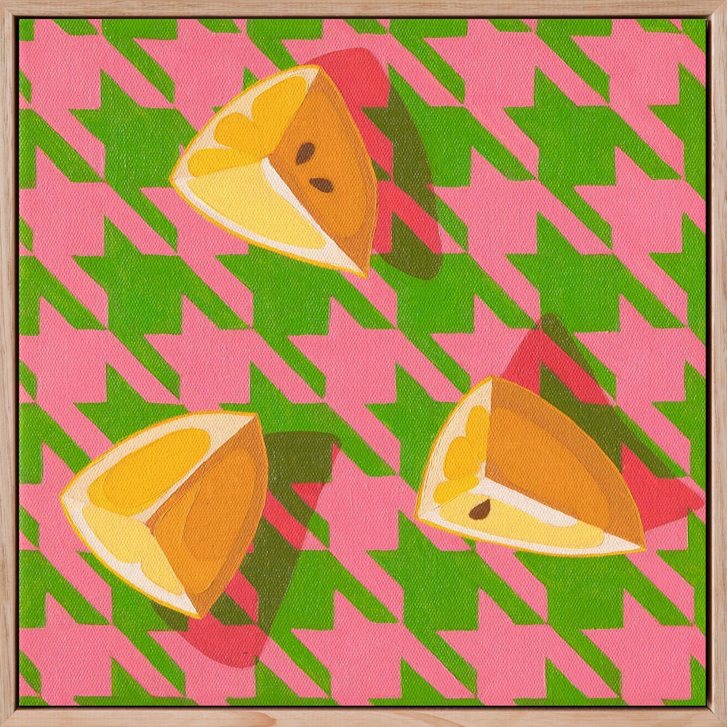 fine art print of a colorful and modern original oil painting of bright yellow lemons on a pink and green houndstooth background with strong shadows
