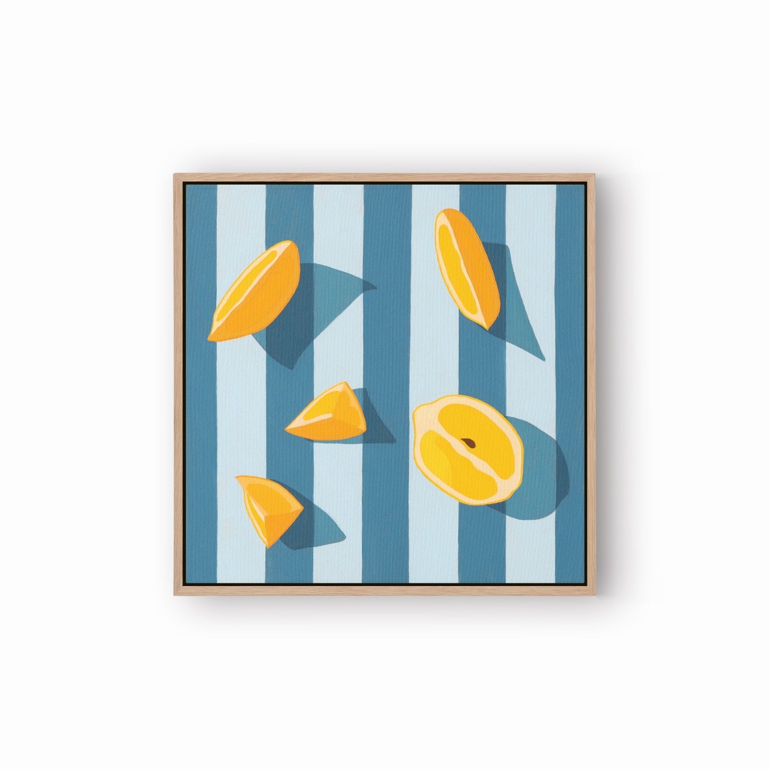 fine art print of a colorful and modern original oil painting of bright yellow lemons on a stripy light sky blue and blue background with strong darker blue shadows