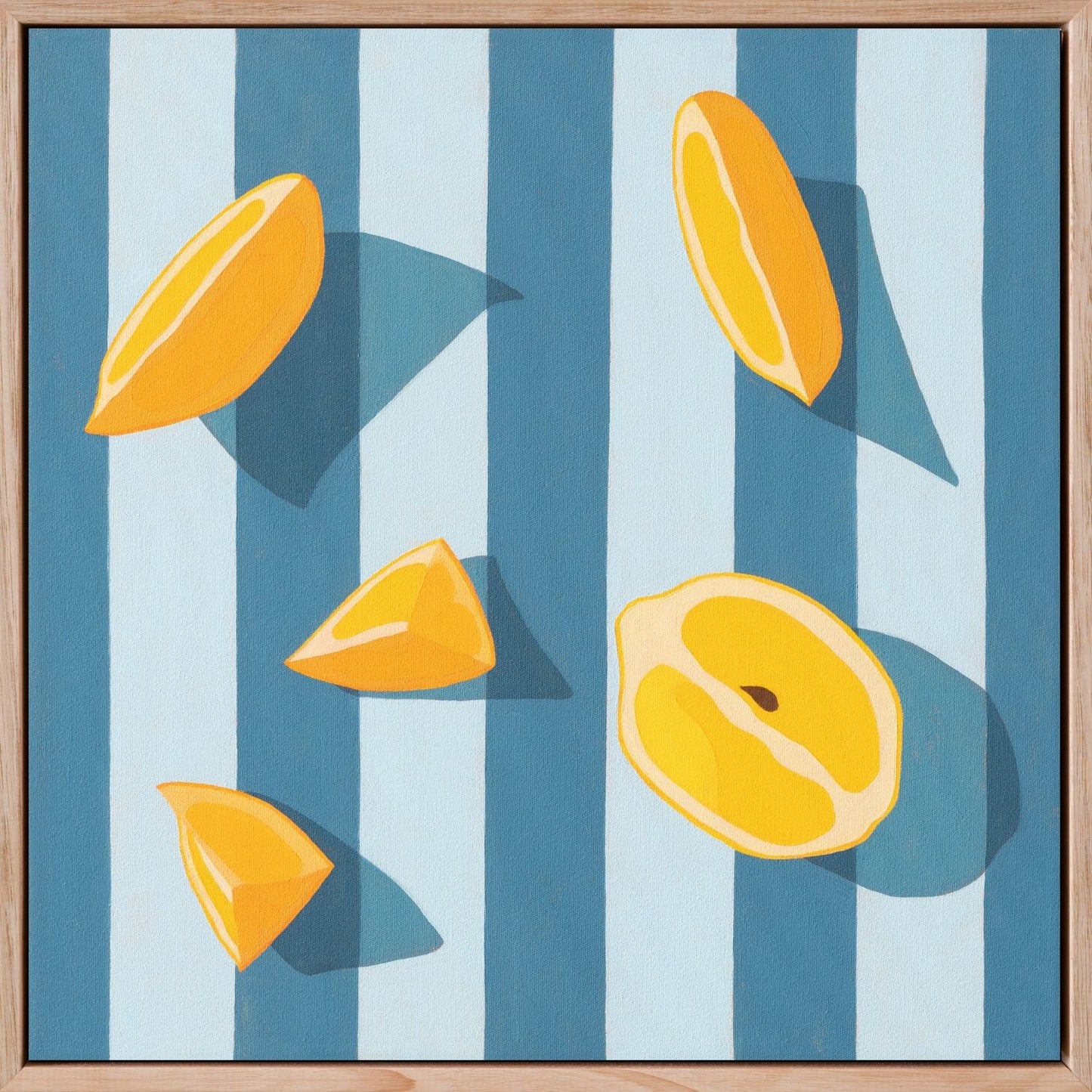 fine art print of a colorful and modern original oil painting of bright yellow lemons on a stripy light sky blue and blue background with strong darker blue shadows