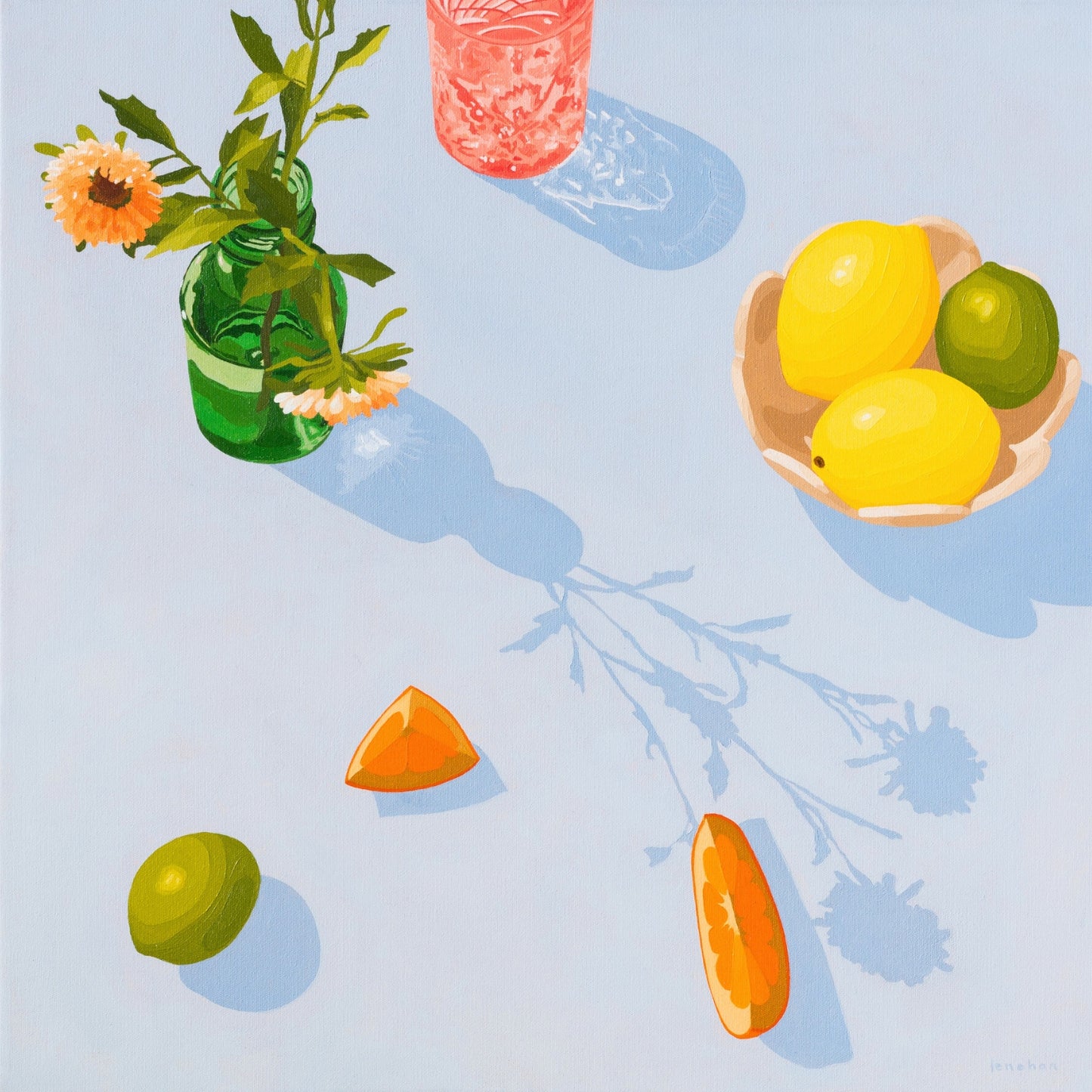 contemporary modern original oil painting of colourful fruits and flowers on a soft sky blue background
