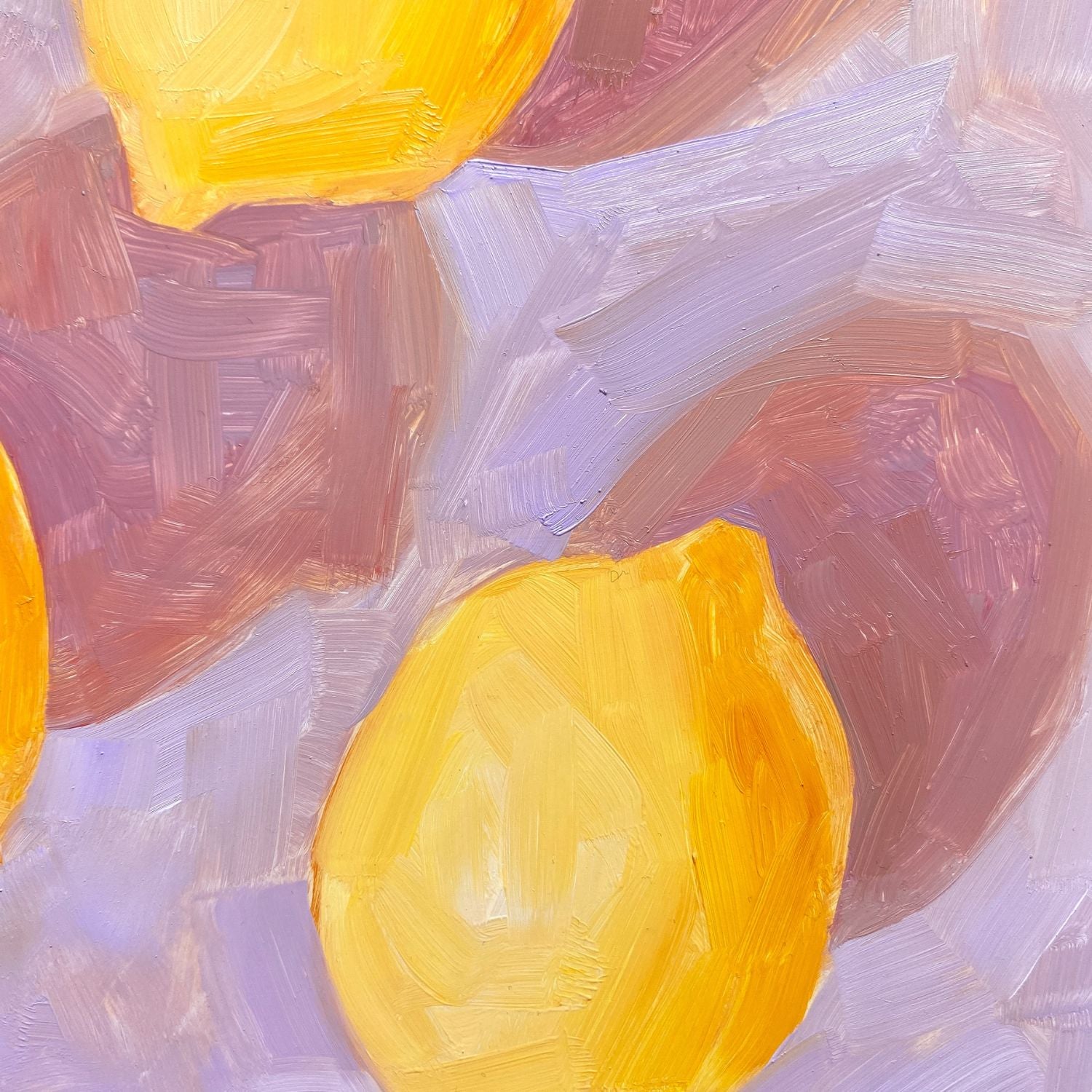 closeup of an original oil painting of three vibrant lemons with strong dark pink shadows on a textured lilac background