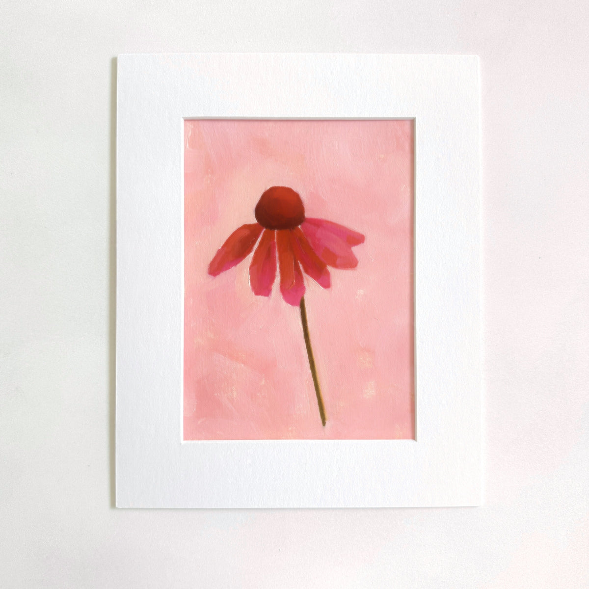 original oil painting of an echinacea flower with pink petals in a textured soft pink background