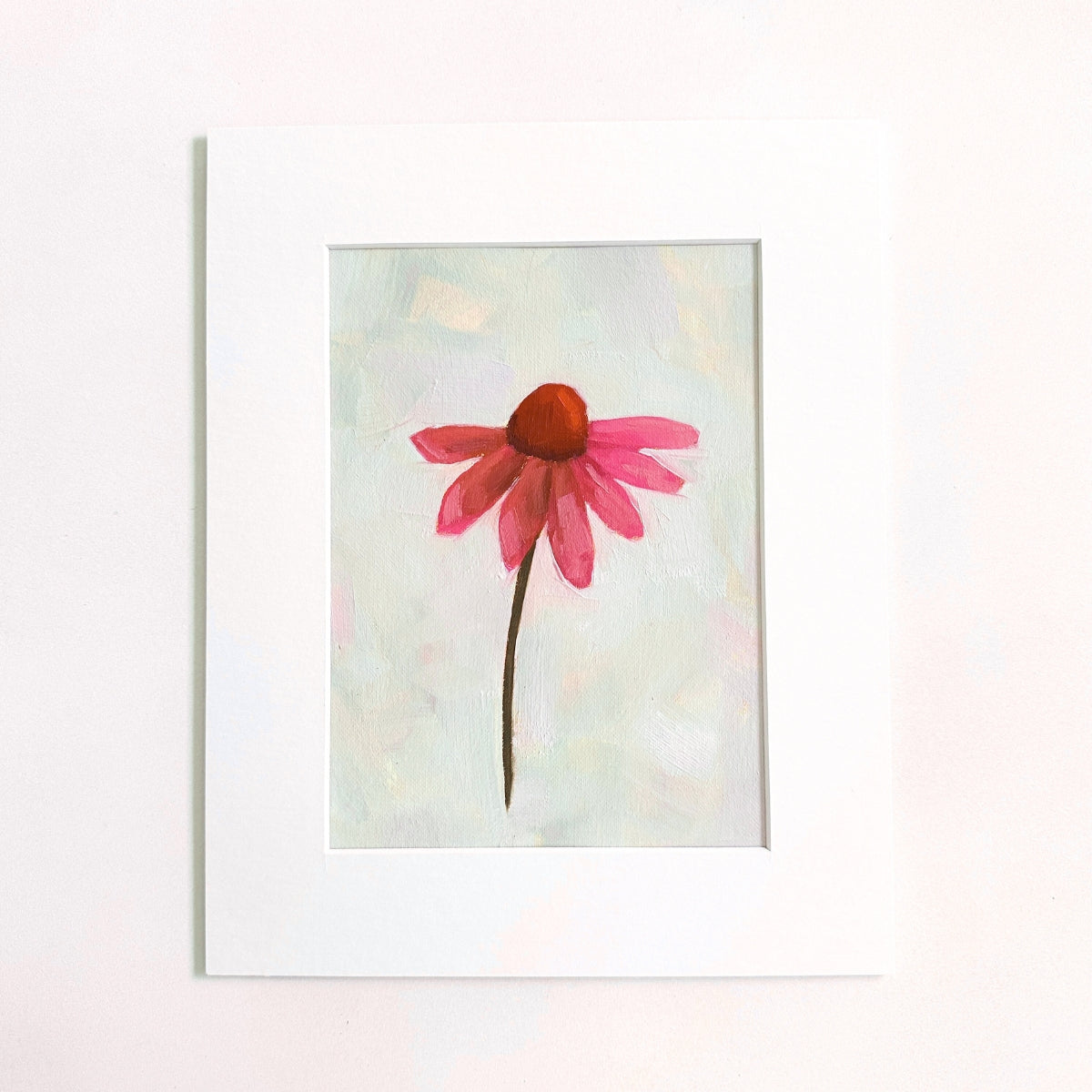 original oil painting of an echinacea flower with pink petals in a textured blue green background