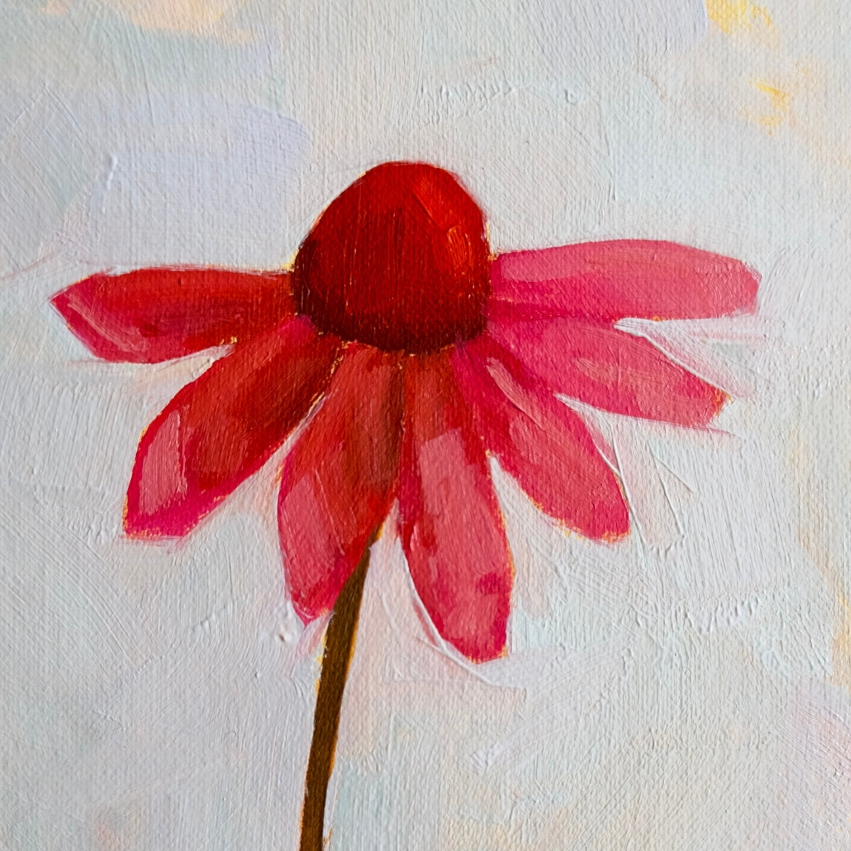 original oil painting of an echinacea flower with pink petals in a textured blue green background