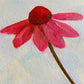 original oil painting of an echinacea flower with pink petals in a textured blue green background