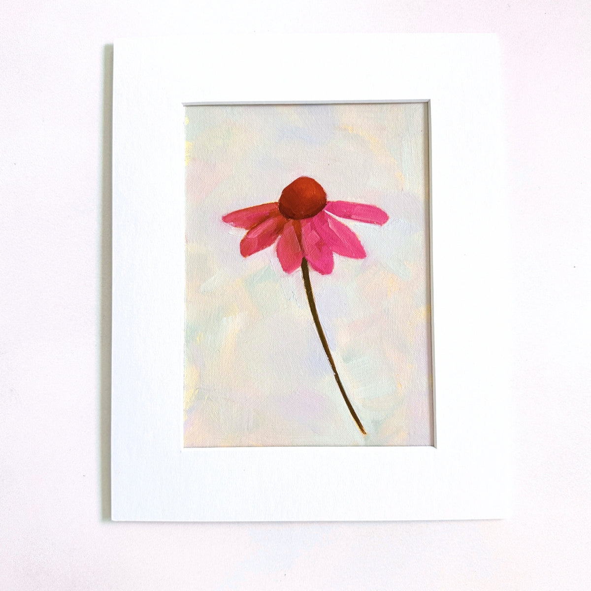 original oil painting of an echinacea flower with pink petals in a textured blue green background