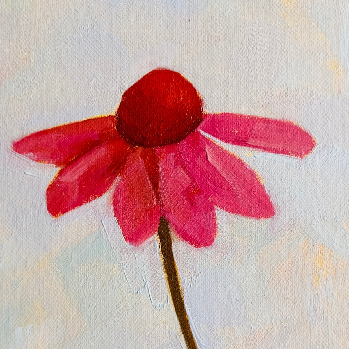 original oil painting of an echinacea flower with pink petals in a textured blue green background