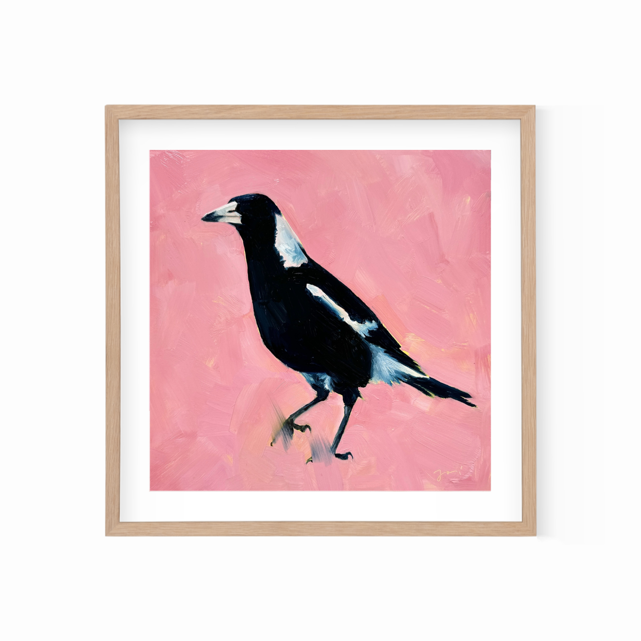 fine art paper print of a magpie on a textured bubble gum pink background