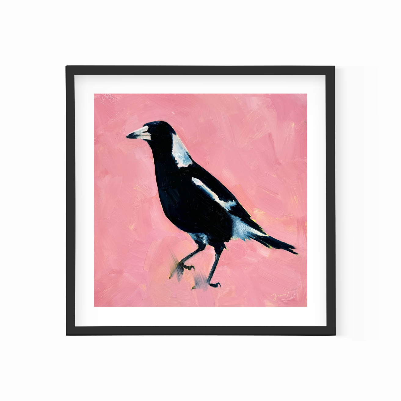 fine art paper print of a magpie on a textured bubble gum pink background