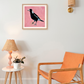 fine art paper print of a magpie on a textured bubble gum pink background