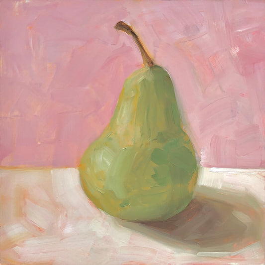 photo of an impressionistic and realistic original oil painting on board of a green pear sitting on a soft pink and cream background