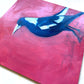 oil painting on panel of a magpie in navy blue and white on a bright pink background