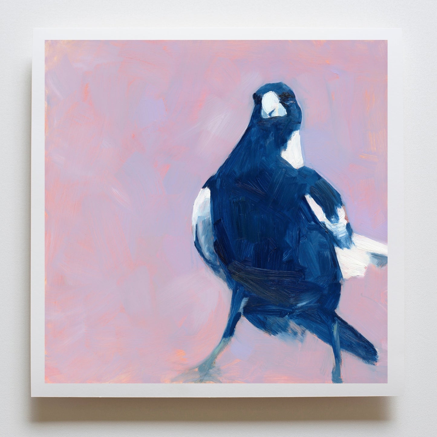 fine art paper print of a magpie on a textured lavender lilac pink background