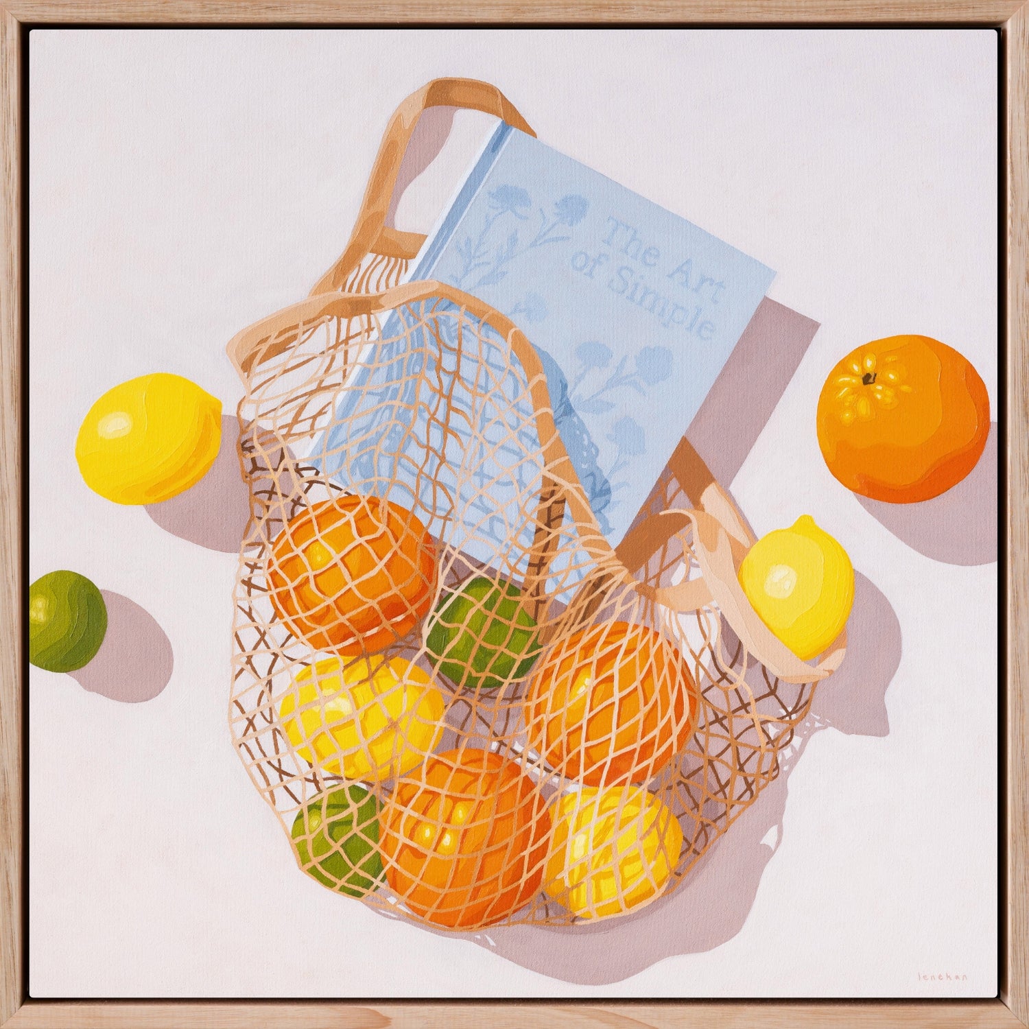 modern and contemporary fine art canvas print of an original oil painting of colorful citrus fruits like lemons, orange and limes, in a string/net bag with a light blue diary reading the art of simple. The fruits, bag and diary are on a white background with strong shadows