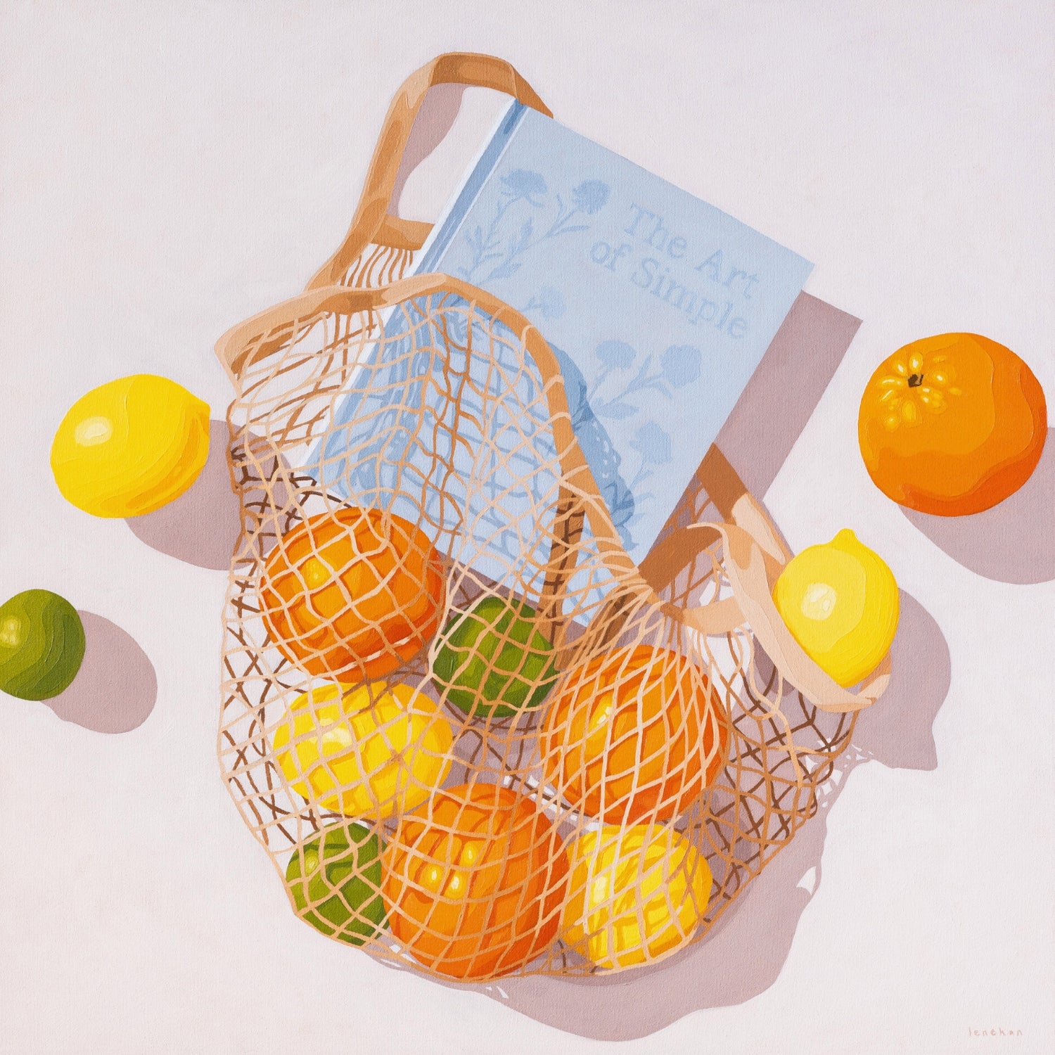 modern and contemporary fine art canvas print of an original oil painting of colorful citrus fruits like lemons, orange and limes, in a string/net bag with a light blue diary reading the art of simple. The fruits, bag and diary are on a white background with strong shadows