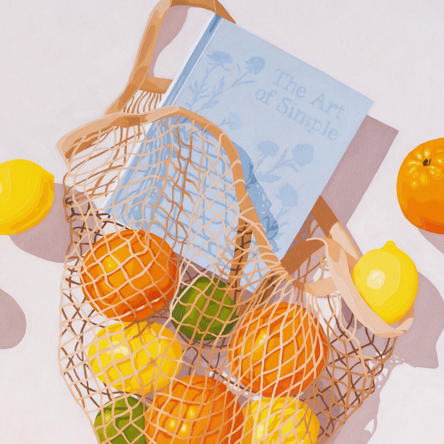 modern and contemporary fine art paper print of an original oil painting of colorful citrus fruits like lemons, orange and limes, in a string/net bag with a light blue diary reading the art of simple. The fruits, bag and diary are on a white background with strong shadows