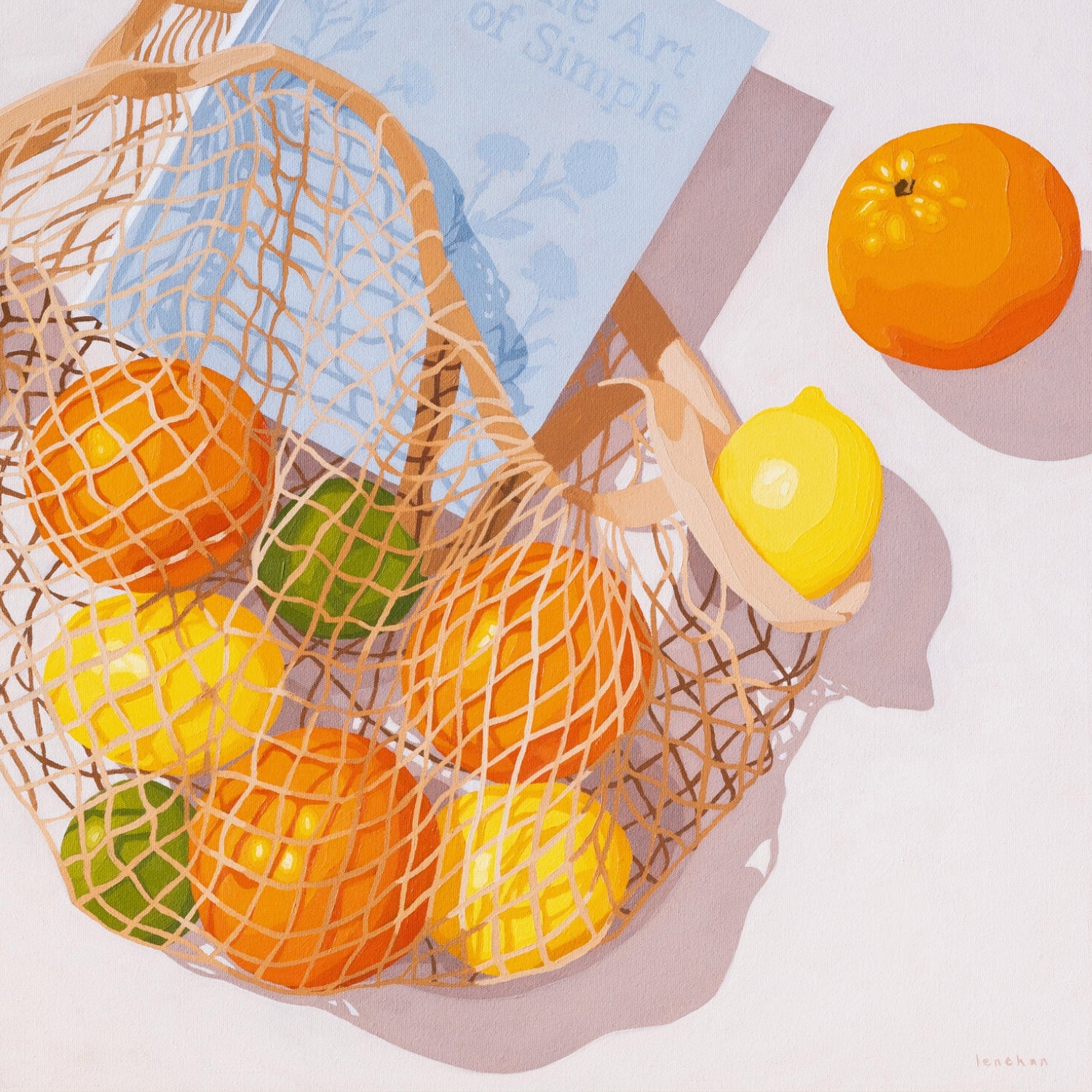 modern and contemporary fine art canvas print of an original oil painting of colorful citrus fruits like lemons, orange and limes, in a string/net bag with a light blue diary reading the art of simple. The fruits, bag and diary are on a white background with strong shadows