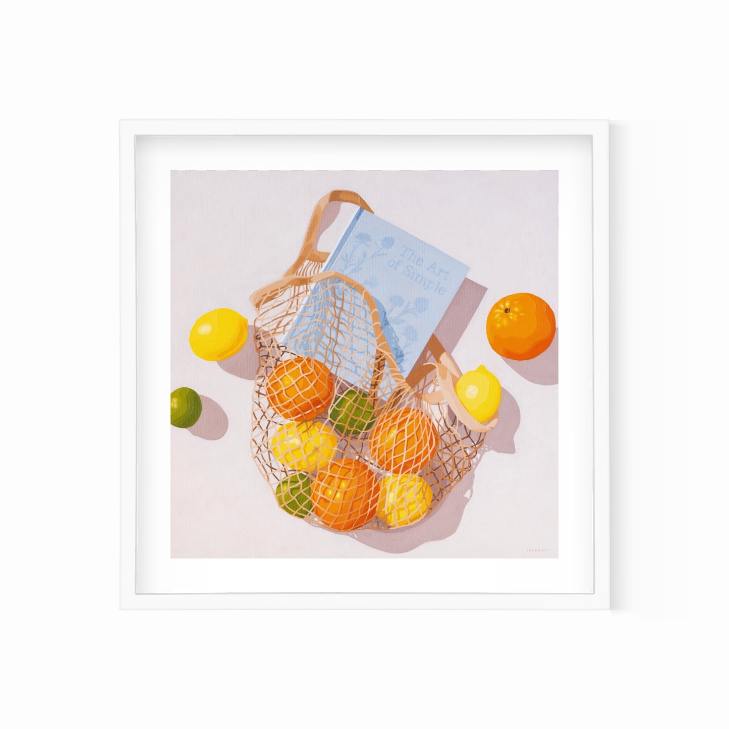 modern and contemporary fine art paper print of an original oil painting of colorful citrus fruits like lemons, orange and limes, in a string/net bag with a light blue diary reading the art of simple. The fruits, bag and diary are on a white background with strong shadows