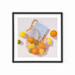 modern and contemporary fine art paper print of an original oil painting of colorful citrus fruits like lemons, orange and limes, in a string/net bag with a light blue diary reading the art of simple. The fruits, bag and diary are on a white background with strong shadows