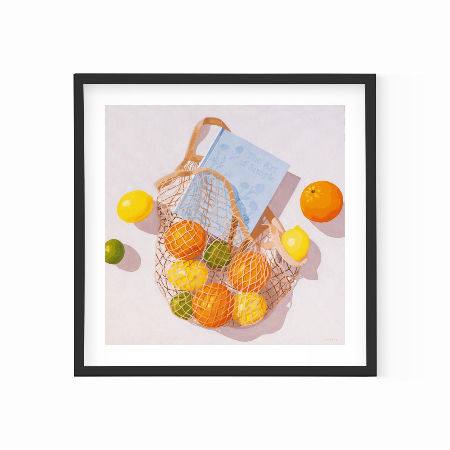 modern and contemporary fine art paper print of an original oil painting of colorful citrus fruits like lemons, orange and limes, in a string/net bag with a light blue diary reading the art of simple. The fruits, bag and diary are on a white background with strong shadows