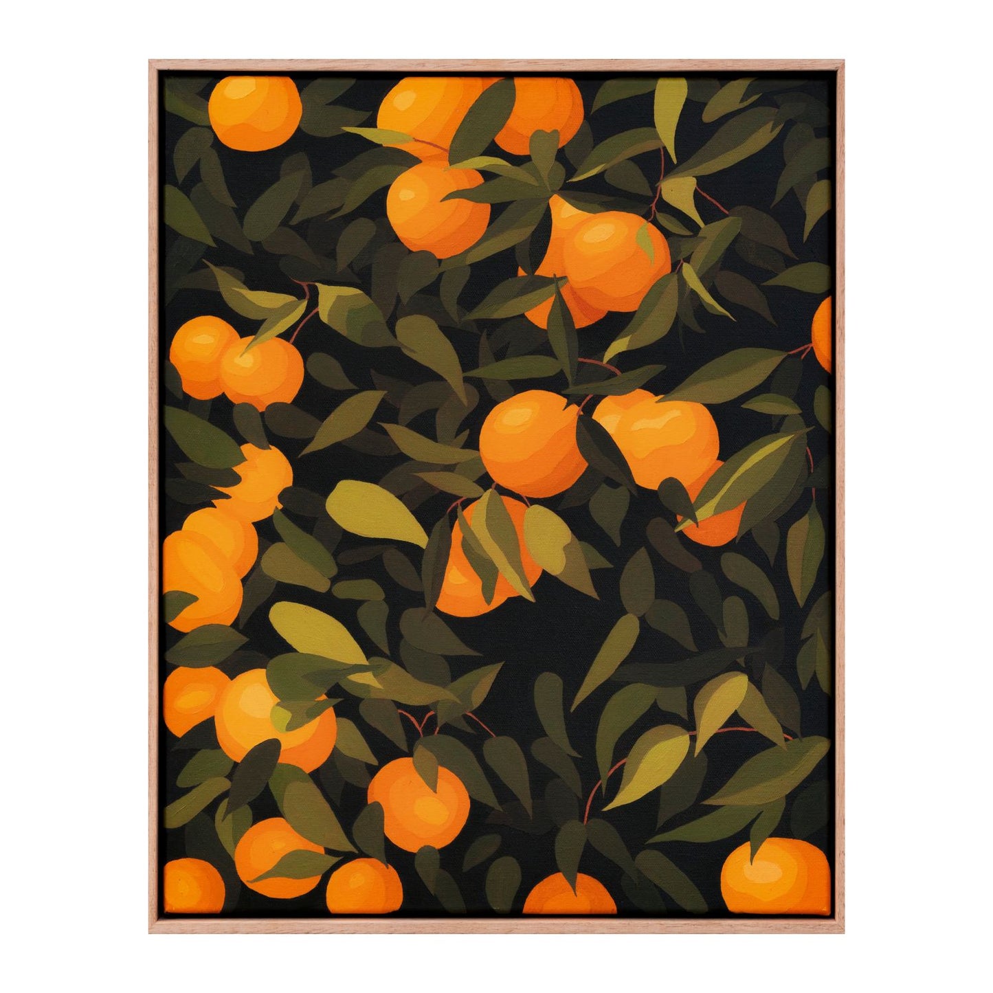 original oil painting of mandarines with green leaves on a dark green background