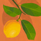 original oil painting of a lemon with stem and leaves sitting on a background of colour tan with darker tan shadow